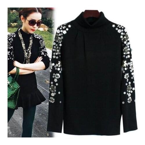 2020 New beaded black turtleneck sweater bottoming sweater woman
