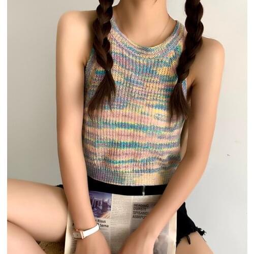 Heliar Women Crop Tops Knitted Rainbow Tops Women Colorful O-Neck Sleeveless Tank Tops Candy Tops For Women Summer