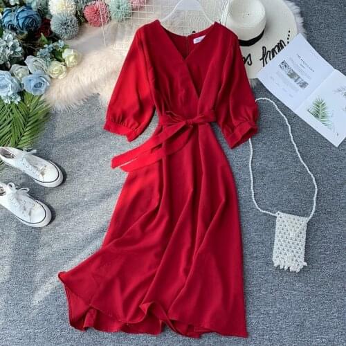New Vintage V Neck Autumn Midi Long Bandage Dress Party Vestido De Festa Evening Women Casual High Waist Elegant A-Line Vestidos