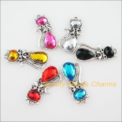 12 New Charms Tibetan Silver Acrylic Plastic Cat Pendants Mixed 12.5x29.5mm