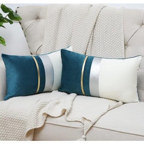 Patchwork Velvet Lumbar Pillow Cover with Gold Striped Leather Cushion for Bedroom Sofa Decoration 2PCS