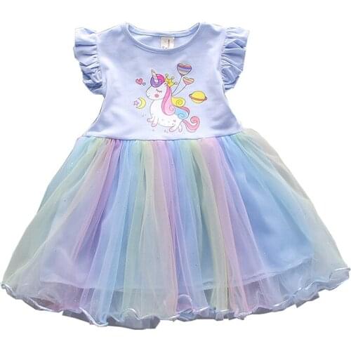 2021 Baby Girls Dress Summer Kids Sleeveless Cartoon Love Little Unicorn Colorful Rainbow Mesh Dress 1-4Y Childrens Clothing
