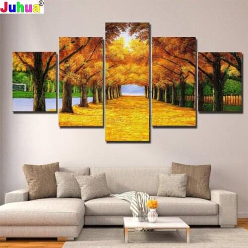 5D Diy Full Square Diamond Painting"Golden Autumn Scenery"Mosaic Multi-Picture 5 PCS/Set 3D landscape Embroidery Diamond Kit