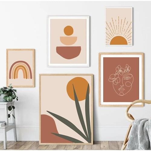 Abstract Burnt Orange Wall Art Canvas Painting Terracotta Rainbow Minimalist One Line Face Drawing Poster Boho Prints Home Decor