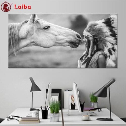 5D DIY Diamond Painting Modern black and white art, Indian woman, white horse cross stitch full diamond mosaic embroidery