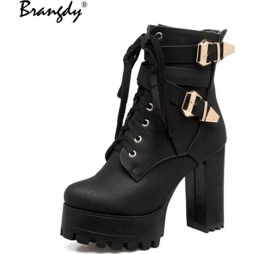 Fashion Ankle Boots For Women Platform Shoes Punk Gothic Style Rubber Sole Lace Up Black Spring Autumn Chunky Boots Woman