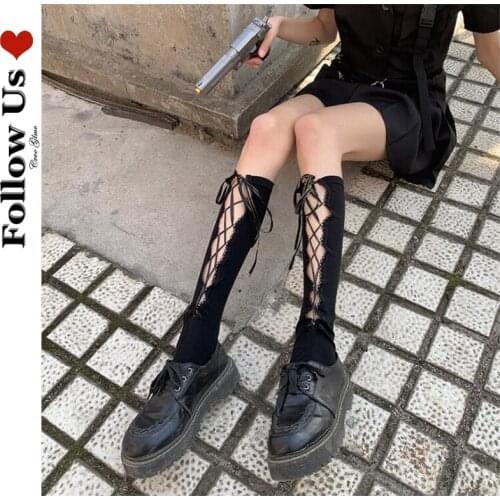 Harajuku Black Mid-tube Socks Japanese Lolita Bandage Hollow Stockings College Wind Over The Knee Cute Calf Socks Female Summer