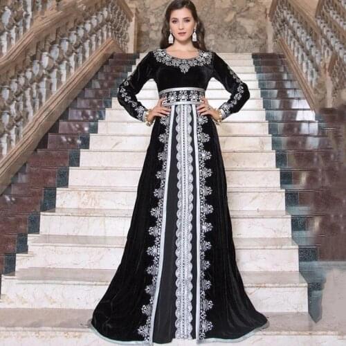Black Moroccan Kaftan Caftan Muslim Evening Dresses A-line Long Sleeves Chiffon Appliques Dubai Arabic Turkey Abaya Islamic Gown