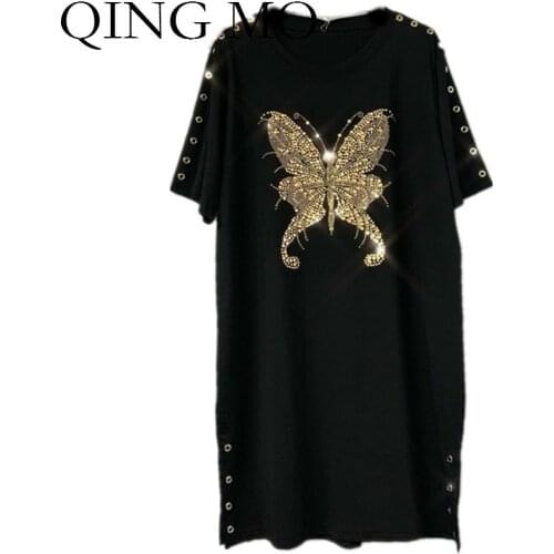 QING MO Women Butterfly Print T Shirt Dress With Rhinestone Women Black Casual Loose Dress Women Summer Fork Dress ZQY1070