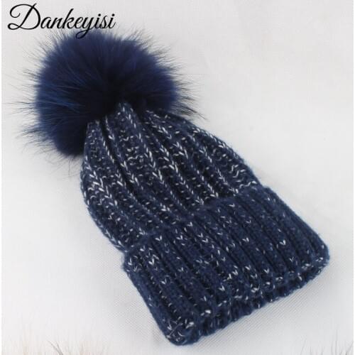 DANKEYISI Children Winter Hat For Girls Boys Pom Hat Knitted Beanies Cap Raccoon Fur Pompom Thick Baby Cap Girl Warm Hat 2017