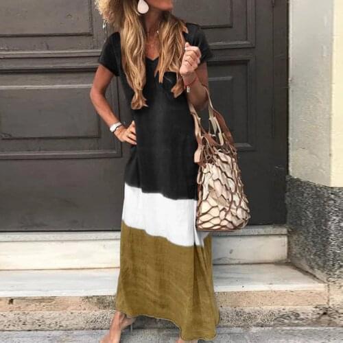 40# Patchwork Long Dresses Women Plus Size Daily Tie-dyed Color Block Loose V Neck Short Sleeve Dress Платье Летнее Женское2021