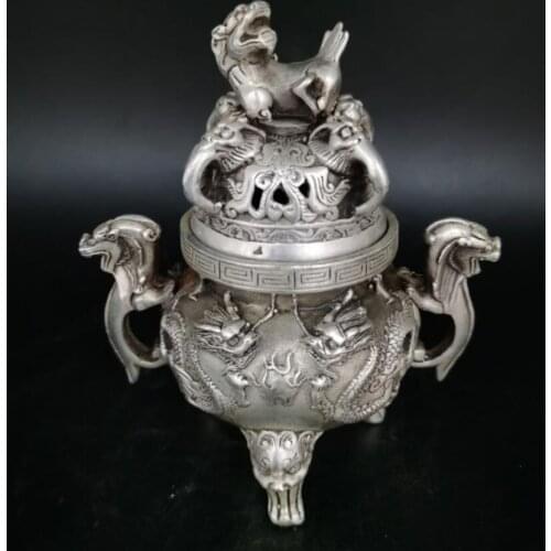 China White copper two dragon play bead Incense burner crafts statue