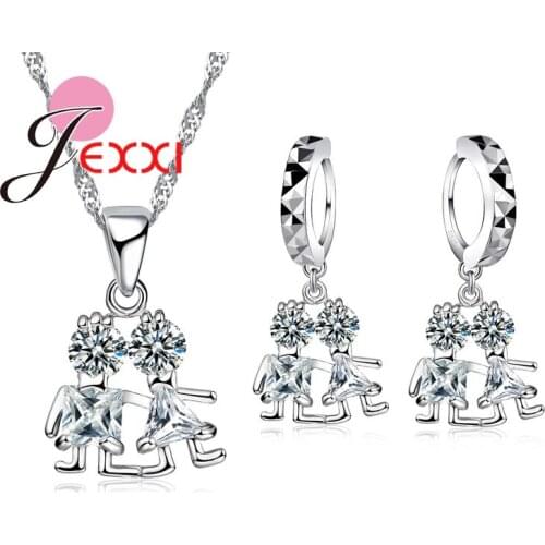 Dancing Figure Necklace Dangle Piercing Earrings Set 925 Sterling Silver Cubic Zirconia Lover Anniversary Party Accessories