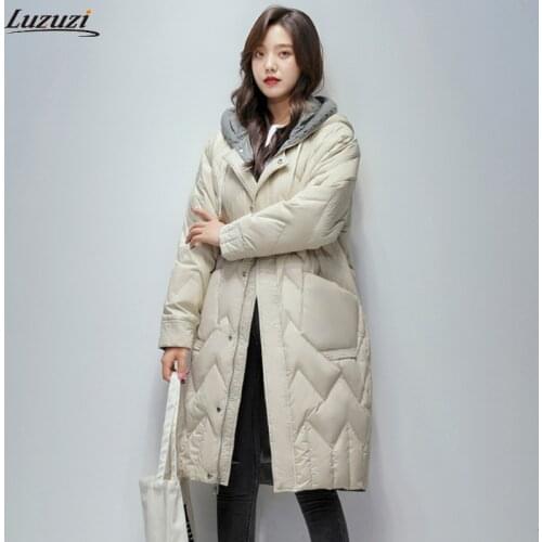 Luzuzi White Duck Down Coat Women Winter Female Knitted Hat Stitching Hooded Puffer Jackets Casual Loose Oversize Warm Outwear