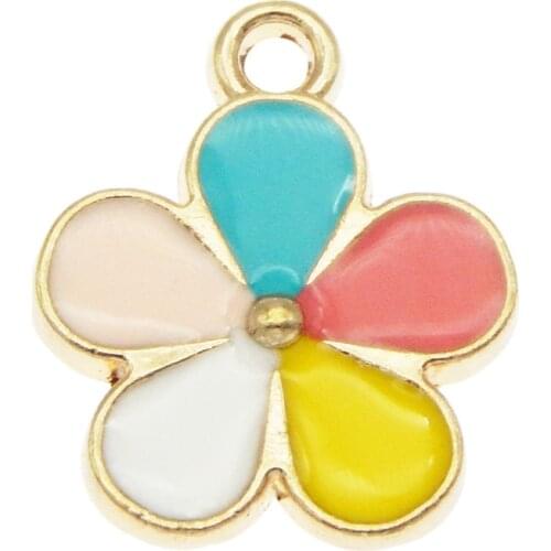 Julie Wang 10PCS Enamel Small Flower Charms Alloy Five-color Flower Gold Tone Pendant Bracelet Earrings Jewelry Making Accessory
