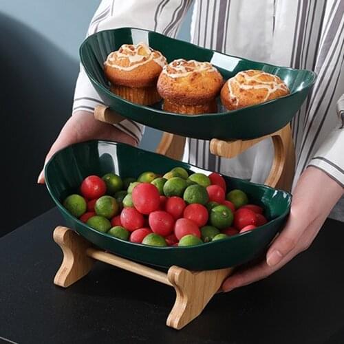 Tiered Tray Fruit Plate w/Wood Holder Dessert Appetizer Candy Shelves Holder