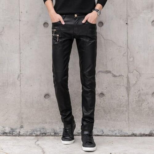 New punk style fashion full pu leather patchwork skinny jeans men slim fit party wear black pants men leather trousers men PK6-3