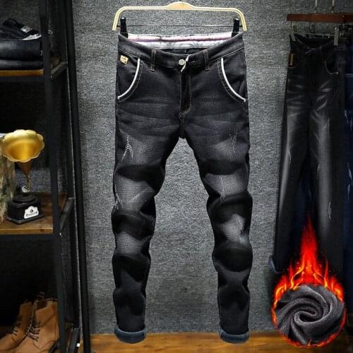 New Winter Mens Jeans Ripped Holes Pants Korean Style Elasticity Casual Trousers Cool Stretch Man Warm Flocking Denim Pants