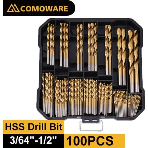 COMOWARE Drill Bit Set 3/64"-1/2" HSS 100 Pcs Titanium for Steel Wood Plastic Metal Copper Aluminum Alloy with Storage Case