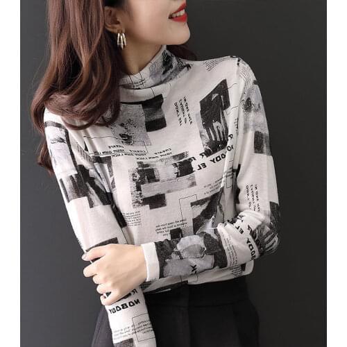 2021 Fashion New Women Casual Printed Pullover Autumn Women Loose Knitting Shirt Female Turtleneck Long Sleeve Shirt Tops W750