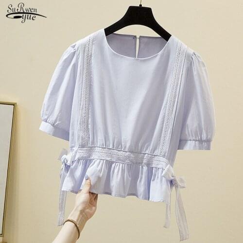 Plus Size Women Clothing 4XL Simple Sold White Blouse with Lace Loose Shirt Ladies Tops Summer Puff Sleeve O-neck Blouses 14838