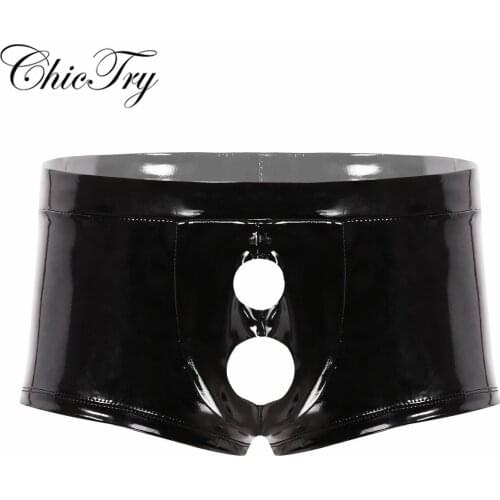 Sexy Male Mens Wet Look Patent Leather Lingerie Low Rise Bulge Pouch with Holes Boxer Briefs Shorts Underwear for Nightwear