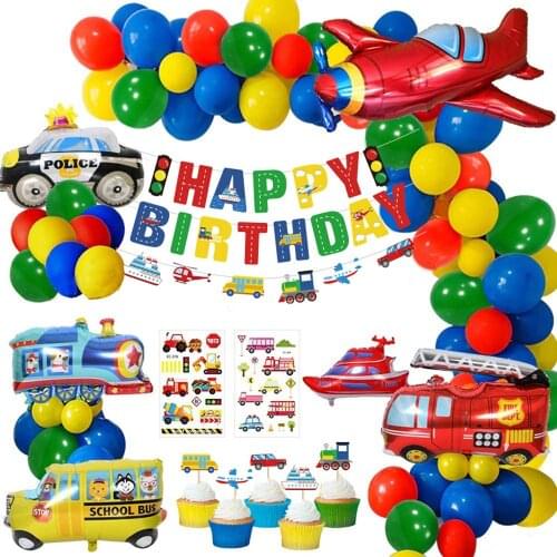 Kids Transportation vehicle birthday party happy birthday banner school bus fire truck airplane ship aluminum balloon decoration