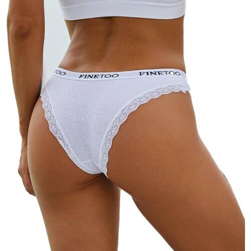 FINETOO Women Cotton Panties Lace Sexy Female T-Back Underwear Solid Color Breathable Plus Size M-2XL Girls Intimates Lingerie