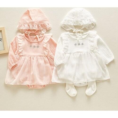 Spring Sutumn baby clothing Long Sleeve Baby Girl Bodysuit Tutu Skirt Style Toddler Girls One Piece Korean Baby Clothes Hat