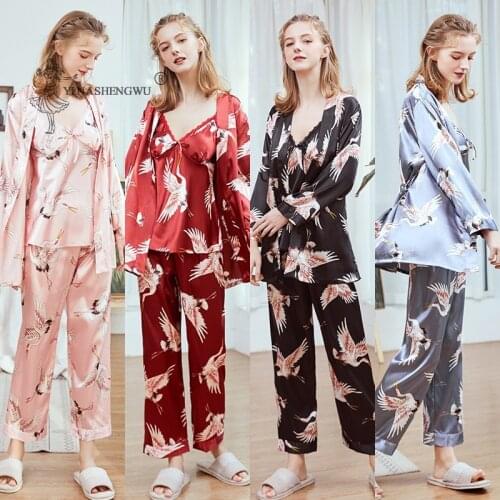 Japanese Kimono Crane Yukata Three-piece Suits Cardigan Lady Bathrobe Women Harajuku Pants Coat Sleepwear Blouse Robe Costumes