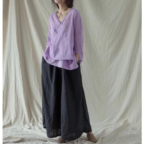 Women 2020 Summer Solid Color V Neck Blouse Ladies Single Breasted Chinese Shirt Tops Female Retro Half Sleeve Ramie Shirts