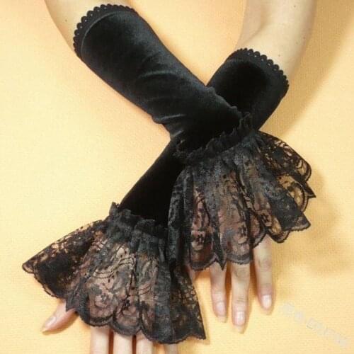 Lace Gloves Women Black Burgundy Purple Navy Blue Velvet Bridal Gloves Club Performance Wedding Party Dress Glove Finger Guantes