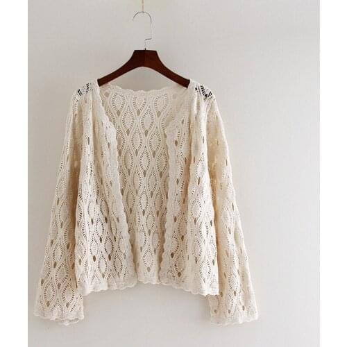 2021 Autumn Fashion Elegant Hollow Out Cardigans Women Korean Chic Long Sleeve Apricot White Knitwear Female Outwear Clothing