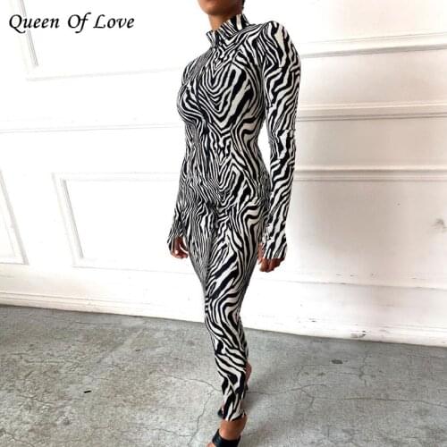 Sexy Zebra Striped Long Sleeve Deep V Bodycon Rompers Womens Jumpsuit Sport Suit Fashion Zip Up Pants Overalls Fitness Set