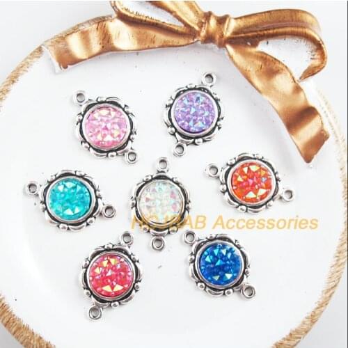 14 New Flower Charms Tibetan Silver Tone Retro Mixed Round Resin Connectors 15x23mm