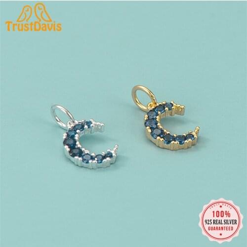 TrustDavis Real 925 Sterling Silver Fashion Sweet Blue CZ Moon Charm Pendant Handmade DIY Accessories Fine Jewelry HY330