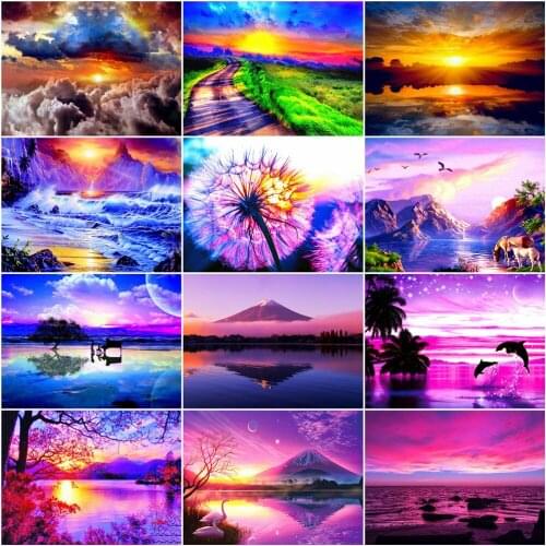 AZQSD Diamond Mosaic Sunset Cross Stitch Picture Of Rhinestones Diamond Painting Kitlandscape Needlework Handmade Gift
