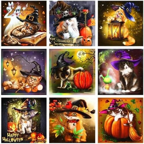 Diamond Painting Full Drill Mosaic Diamond Embroidery Pumpkin Cat Animal Halloween Cartoon Painting Cross Stitch Kit Home Decor