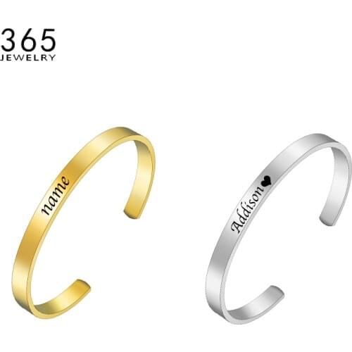 Custom Stainless Steel Initial Engraved Name Bracelet Women Men Rose Gold Positive Inspirational Bangle Personalized Jewelry