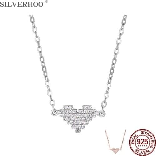 SILVERHOO 925 Sterling Silver Sparkling Heart Necklace For Women Full Zircon Pendant Necklaces Romantic Valentines Day Jewelry