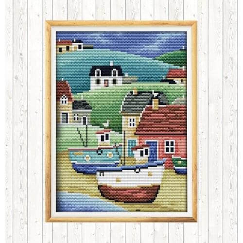 Harbour Landscape Painting DMC Cross Stitch Kits Printed on Canvas 14CT Aida Fabric for Embroidery Kit DIY Crafts for Needlework
