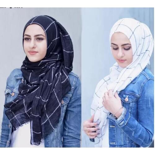 1pc Classic Plaids Tartan Cotton Voile Muslim Hijab Scarf for Ladies Long Cross Strips Double Color Islamic Hijabs Shawl Wrap