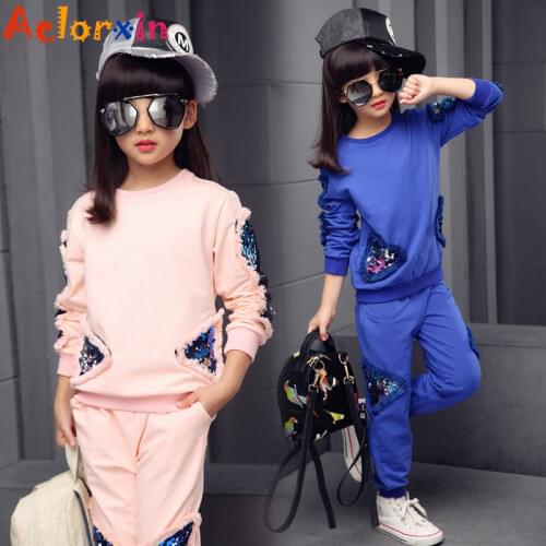 Teenage Girls Clothes Children Clothing Set Cotton Sweatshirt + Pants Two-Piece Casual Sequins Kids Girls Clothes Suit 6 8 10 12