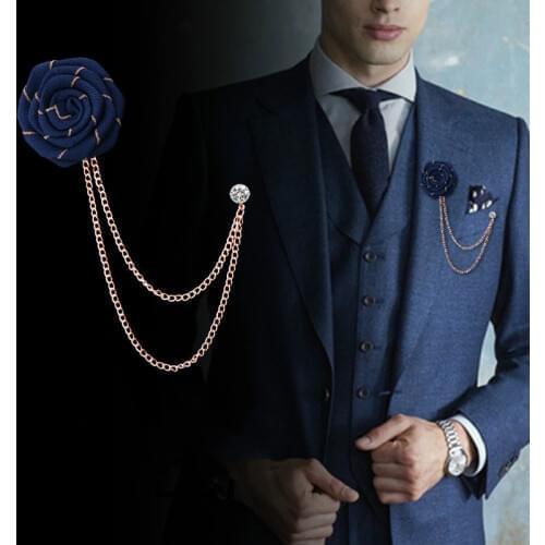 Korean Handmade Fashion New Ribbon Flower Lapel Pin Fabric Rose Flowers Brooch Mens Tassel Chain Suit Brooches Men Accessories