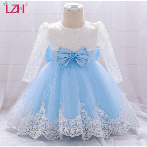 LZH Baby Girls Birthday Party Dress Long Sleeve Elegant Lace Stitching Dress Bowknot Beaded Girls Princess Dress Infant Costume