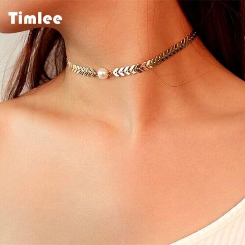 Timlee N178 Fashion Minimalist Personality Letter V Chain Imitation Pearl Short Necklaces wholesale
