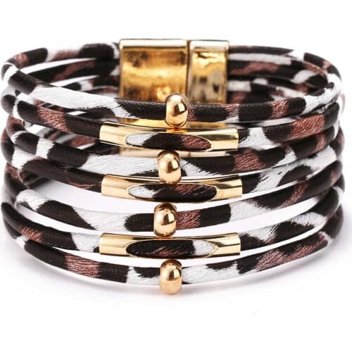 2021 Fashion Jewelry Retro Multilayer Leopard Print Leather Bracelet Charm Cuff Wristband Magnet Buckle Bracelet for Women