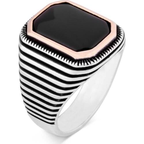 Men Silver Ring With Black Onyx Stone With Meridian Motif, Made In Turkey, Solid 925 Sterling Silver