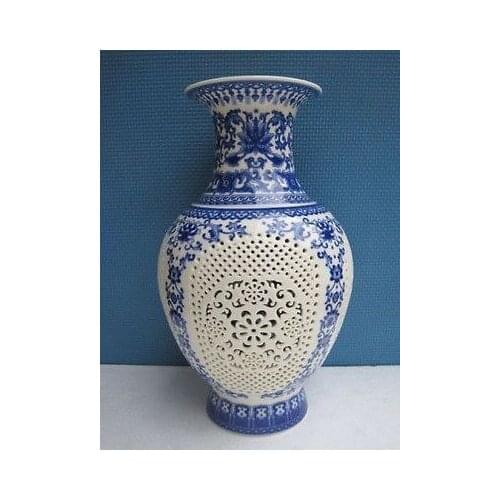 Set 2 Pieces Hollowed Chinese Colorful Porcelain Big Vase w QianLong Mark NR