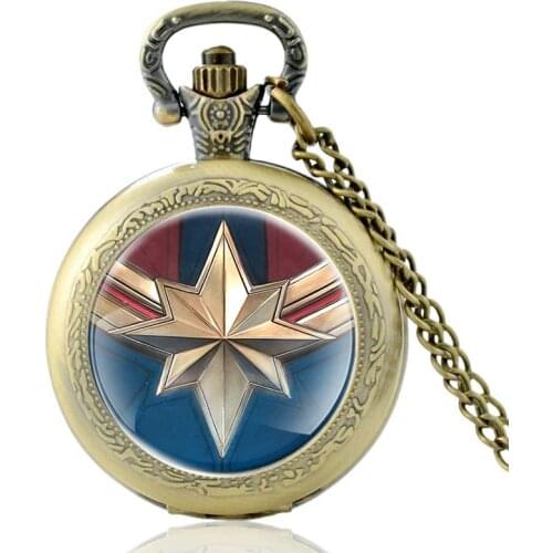 New Arrival Captain Marvel Design Glass Cabochon Bronze Quartz Pocket Watch Men Women Charm Pendant Necklace Hours Clock